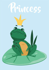 Frog pose. Green froglet with princess crown. Funny aquatic animal sitting on water lily leaf. Fairytale character card. Happy relaxing amphibian. Cute toad croaking. Vector illustration