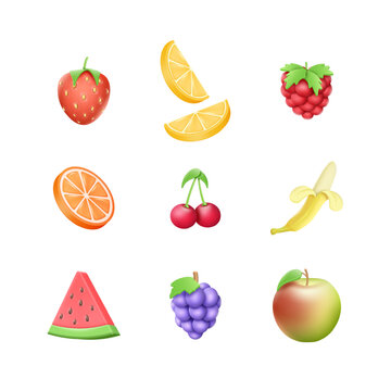 3d plasticine fruits, clay food set. Minimal nutrition nature, orange, strawberry, watermelon and banana. Strawberry, raspberry and cherry, ui icons. Vector slice render isolated elements