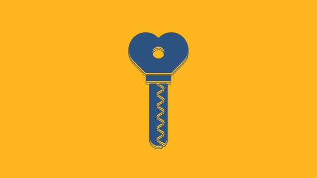 Blue Key in heart shape icon isolated on orange background. Valentines day. 4K Video motion graphic animation