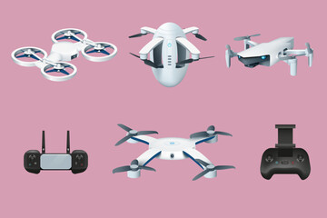Drone robots. Aerial unmanned vehicle. Controller and propeller. Quadcopter transportation for video. UAV technology. Control joystick. Isolated copters set. Vector 3D illustration