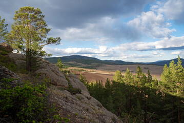 Fototapeta na wymiar Rocks with pine trees against the sky, spring