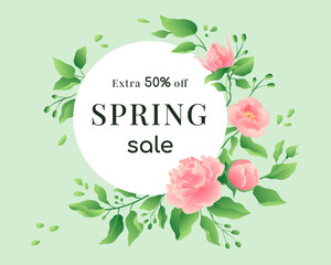 Spring sale banner, nature round frame with elegant pink roses and green leaves. circle copy space for text, may offer, botanical romantic design. Promo banner template. Vector eco background