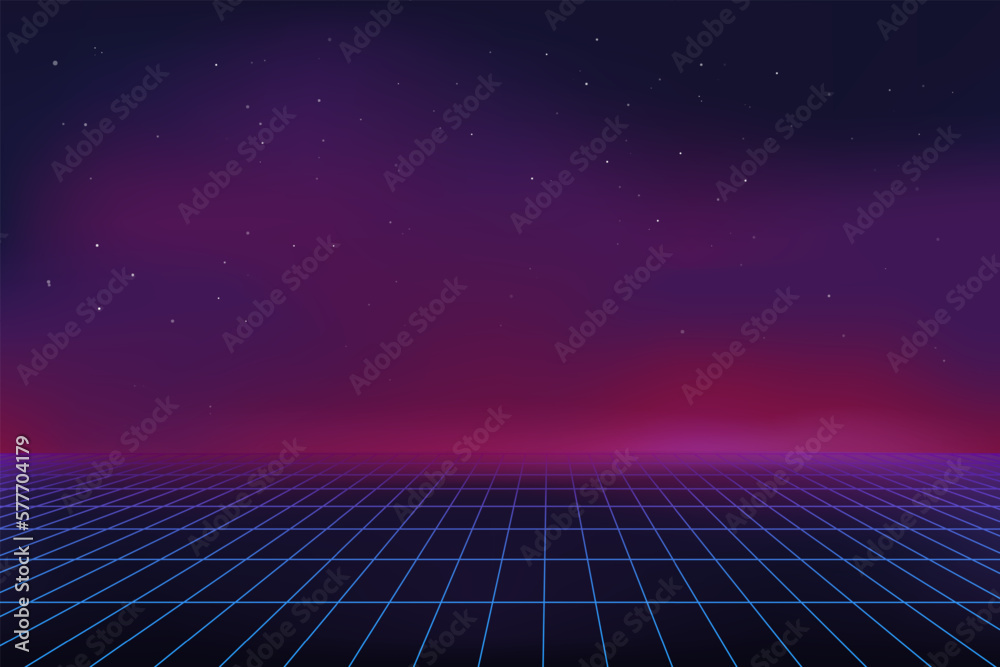 Aufkleber Retro game background. Digital waves. Abstract future landscape. 3D virtual purple grid. Line laser mesh. Space perspective. Wireframe backdrop. Cyberspace net. Vector graphic design