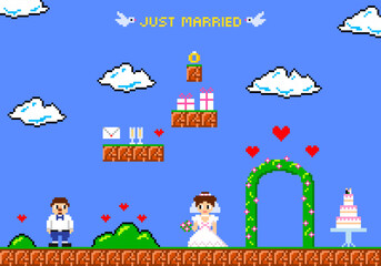 Greeting card pixel art  in style of eight-bit game. Inscription of  Just married. Newlyweds. Groom and bride in style of 8-bit game. Vector illustration. - 577704120