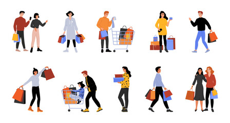 People shop in discount. Persons with shopping carts and bags. Men and women making purchase in mall. Customers buy or shoes and clothing. Store buyers set. Vector illustration collection