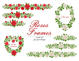 beautiful wreath of red roses  and white roses, leaves and bindweed.  Rose frame, vector illustration