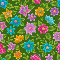 Wonderland floral seamless pattern. Bright colored flowers and leaves. . Texture for fabric, wallpaper, print