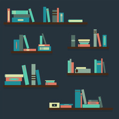Bookshelves with colorful books on a dark blue wall. Educational concept, retro design. Vector, eps10