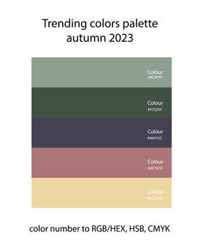 Trending colors palette of autumn 2023 in RGB. Trend color guide collection. Bright color set for fashion, home interior, design.