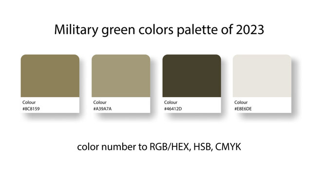 Military green colors palette of 2023. Trend color guide collection in RGB, CMYK. Color set for fashion, home interior, design.