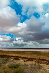 Natural landscape of the south of Ukraine, View of the drying Kuyalnitsky estuary with rose water,...
