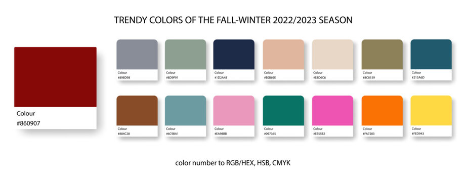 Trendy colors of the fall winter season in 2023. Trend color guide collection in RGB, CMYK. Bright color set for fashion, home interior, design.