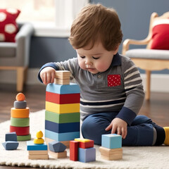 Boy playing with colorful wooden blocks on a carpet. Created using generative AI and image editing software.