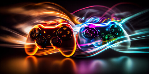 Video game controller with bright neon light streaks. Computer gamer background. Generative ai - obrazy, fototapety, plakaty