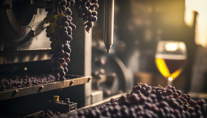 Grape winemaking background concept. AI generative image.