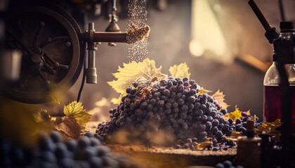 Winemaking illustration concept background. Vine grape. AI generative image.