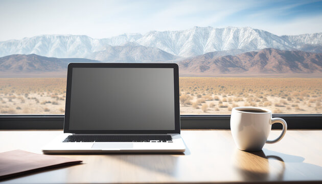 Comfortable workplace with laptop computer, cup of beverage and window with beautiful mountain landscape. Indoor background. AI generative image.