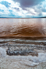 The bottom of the dried-up Kuyalnitsky estuary, covered with a layer of white self-precipitating...
