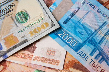 Dollar and Ruble money background, close-up