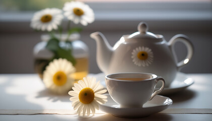 Obraz na płótnie Canvas Herbal tea illustration. Still life on cozy indoor background. AI generative image.