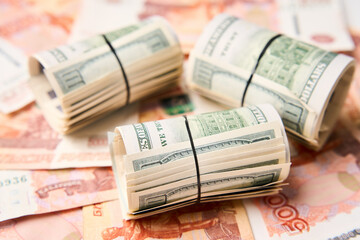 Dollar and Ruble money background, close-up