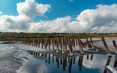 Salt crystals on wooden pillars of an old 18th century salt industry. The ecological problem is...
