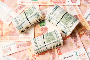 Dollar and Ruble money background, close-up