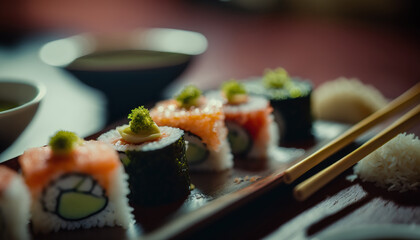 Delicious set of different sushi rolls, japanese sea food on dark indoor background. AI generative image.