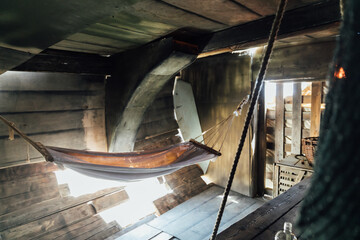 Old vessel boat with antique artillery weapons