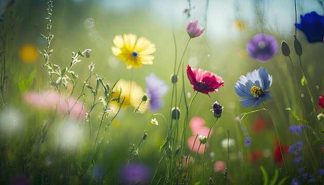 Beautiful sunny meadow with different multicolored wild flowers. Blooming field outdoor floral background. AI generative image.