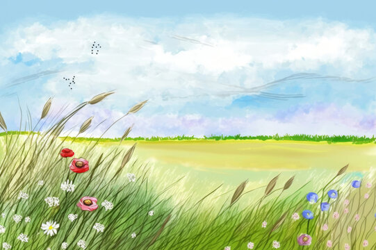 painted picture of a field, at the edge grow a few wild flowers