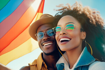 Happy Multiracial Couple Raising LGBT Pride Flag , wering glasses and hat. generative ai
