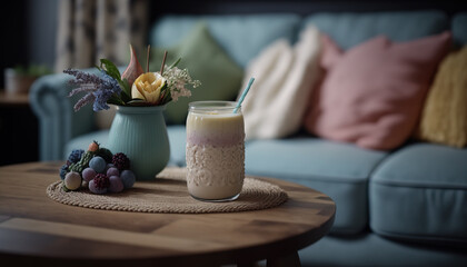 Naklejka na ściany i meble Delicious fruit smoothie on on cozy indoor background with plant and blurred sofa, healthy and tasty food concept. Milkshake. AI generative image.