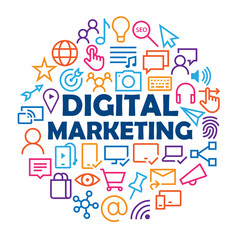 DIGITAL MARKETING with colorful related icons arranged in a circle on white background