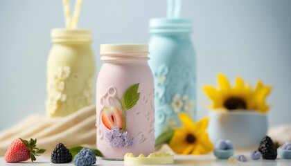 Fototapeta na wymiar Different sweet fruit smoothies in glass jars, home made healthy and delicious organic beverage. Energy of vitamins and detox concept. AI generative image.