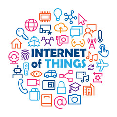 INTERNET OF THINGS with related icons arranged in a circle on white background