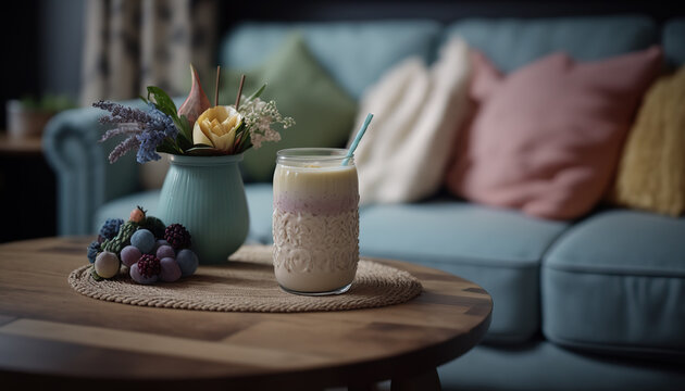 Delicious fruit smoothie on on cozy indoor background with plant and blurred sofa, healthy and tasty food concept. Milkshake. AI generative image.