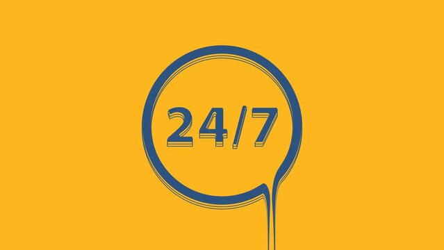 Blue Clock 24 hours icon isolated on orange background. All day cyclic icon. 24 hours service symbol. 4K Video motion graphic animation