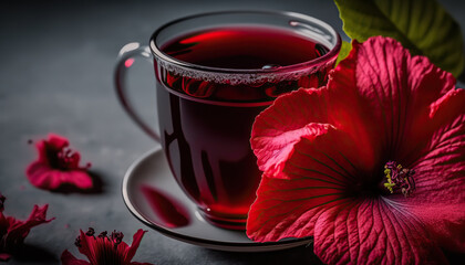 Red hibiscus tea beverage with flowers. AI generative image. - obrazy, fototapety, plakaty