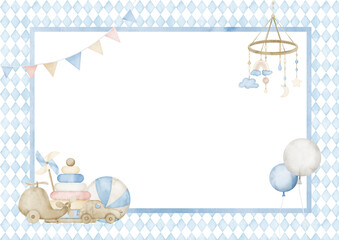 Template for Baby Shower greeting card or invitation. Hand drawn watercolor illustration with balloons, toys and garland in pastel blue and beige colors. Space for text. Drawing for newborn party. - obrazy, fototapety, plakaty