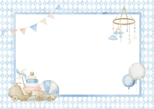 Template For Baby Shower Greeting Card Or Invitation. Hand Drawn Watercolor Illustration With Balloons, Toys And Garland In Pastel Blue And Beige Colors. Space For Text. Drawing For Newborn Party.