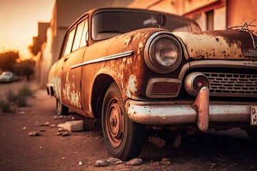 Illustration of a rusty old vintage car - Created with Generative ai - obrazy, fototapety, plakaty