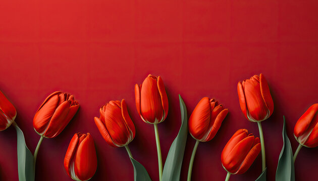 Empty clean solid bright carmine background with fresh red tulip flowers and copy space. Springtime holidays horizontal greeting card template. AI generative image.