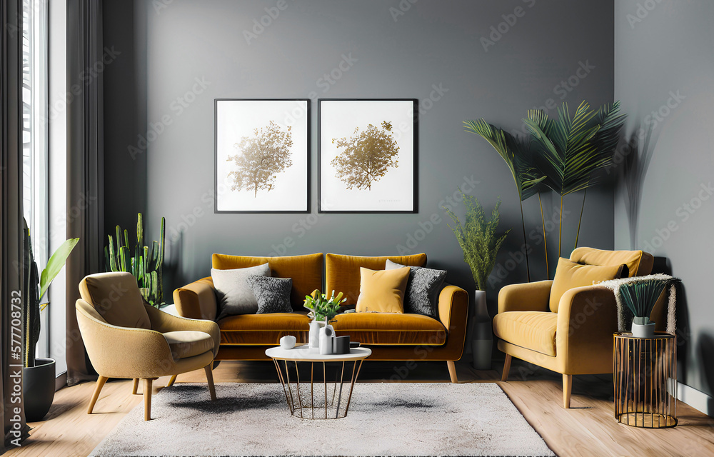 Wall mural mustard yellow sofa and two armchairs in contemporary living room interior in modern apartment. home