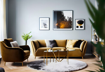 Classic sofa and armchair in yellow color. Posters on wall, rug, coffee table. Generative AI