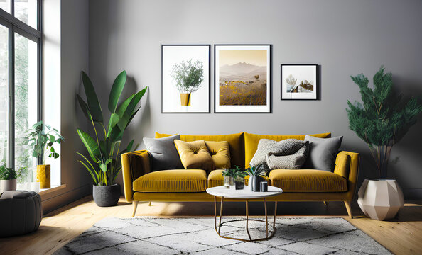Scandinavian grey and yellow apartment interior. Living room in modern home. Posters with copy space on the wall. Generative AI