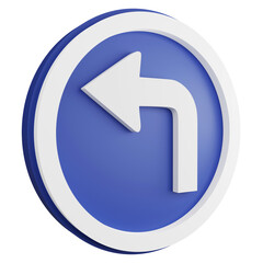3D render turn left ahead sign icon isolated on transparent background, blue informative sign