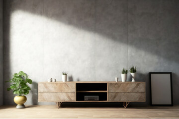 cabinet for tv in living room interior wall mockup on concrete wall