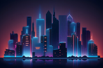 Fototapeta na wymiar Neon glowing city skyline at night, technology background - generative ai