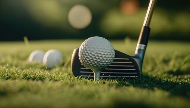 Close up golf club and ball on green grass lawn of course background. Sport game concept. AI generative image.